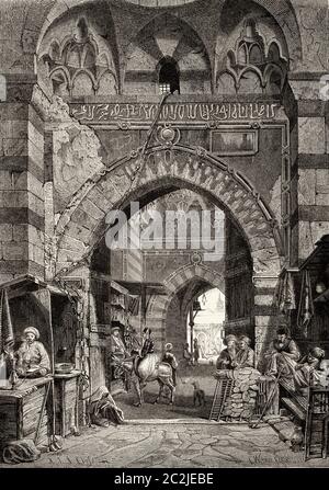 Markt Khan al-Khalili. Es ist der alte Basar der Stadt Kairo ncient Ägypten. Alte Illustration aus dem 19. Jahrhundert, El Mundo Ilustrado 1880 Stockfoto