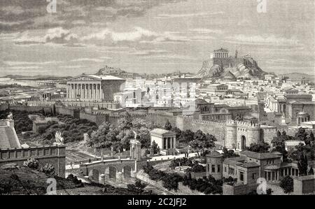 Künstlerische Erholung Landschaft Panoramablick auf Athen, Griechenland zur Zeit des Kaisers Hadrian, 1. Und 2. Jahrhundert n. Chr., Antike Griechenland. Alte Illustration aus dem 19. Jahrhundert, El Mundo Ilustrado 1880 Stockfoto