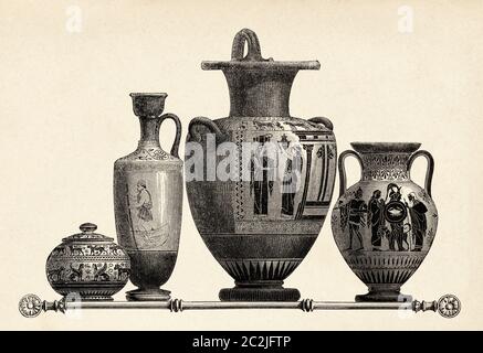 Terrakotta-Töpfe mit traditionellen Szenen aus der antiken griechischen Kultur. Das Antike Griechenland. Alte Illustration aus dem 19. Jahrhundert, El Mundo Ilustrado 1880 Stockfoto