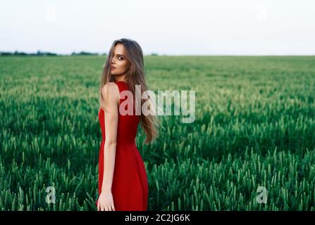 Schöne junge Frau in roten Kleid posiert im Freien in grünen Sommer Feld Stockfoto