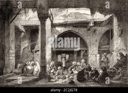 Ein traditionelles ägyptisches Café, Kairo, Altes Ägypten. Alte Illustration aus dem 19. Jahrhundert, El Mundo Ilustrado 1880 Stockfoto