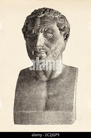 Demosthenes war einer der wichtigsten Redner der Geschichte und ein wichtiger Politiker Athens. Er wurde in Athen geboren, im Jahr 384 ein C. und starb in Calauria, im Jahr 322 ein. C . Griechenland antike Geschichte. Alte Illustration aus dem 19. Jahrhundert, El Mundo Ilustrado 1880 Stockfoto