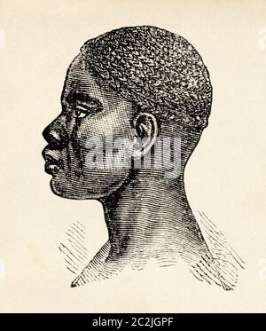 Indigene aus Uhyeya. Zentralafrika. Reise in das unerforschte Afrika, den geheimnisvollen Kontinent von Henry Morton Stanley. Alte Illustration aus dem 19. Jahrhundert, El Mundo Ilustrado 1880 Stockfoto