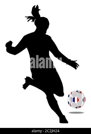 Women's Soccer, weibliche Fußballspieler mit einem Fußball mit einer Flagge von Frankreich â € "Illustration Stockfoto