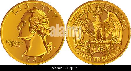 Amerikanisches Geld, Washington Vierteldollar oder 25-Cent Goldmünze, erster US-Präsident George Washington auf der Vorderseite, Weißkopfseeadler auf der Rückseite Stock Vektor