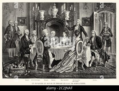 Festmahl zu Ehren Mozarts (1756-1791). Haydn (1732-1809), Albrechtsberger (1736-1809), Salieri (1750-1825), Frau Cavalieri, Schikaneder, Frau lange und Gluck (1714-1787). Alte Illustration aus dem 19. Jahrhundert, El Mundo Ilustrado 1880 Stockfoto