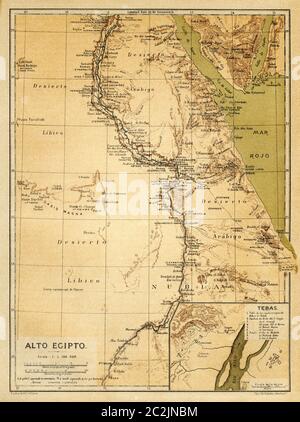 Karte von Oberägypten im späten 19. Jahrhundert, Altes Ägypten. Alte Illustration aus dem 19. Jahrhundert, El Mundo Ilustrado 1880 Stockfoto