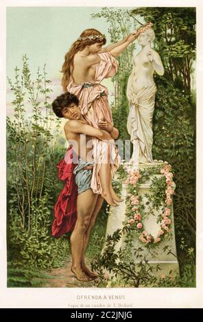 Opfergabe an Venus, Göttin der Liebe, Fruchtbarkeit und Beschützerin der Ehen. Kolorierte Kupferstich von E. Medard. Alte Illustration aus dem 19. Jahrhundert, El Mundo Ilustrado 1880 Stockfoto