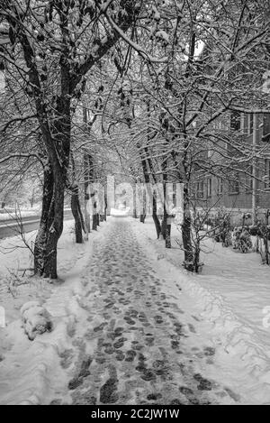 Schneebedeckte Gasse in der Stadt mit Spuren im Schnee Stockfoto