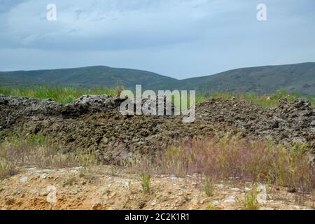 Stapel von Dünger auf dem Feld. Kuh und Pferdemist mit Land. Stockfoto