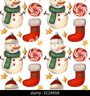 Weihnachten nahtlose Muster mit einem Schneemann. Neues Jahr Abbildung mit roten Socken, Süßigkeiten und Sterne auf einem weißen Hintergrund. Stockfoto