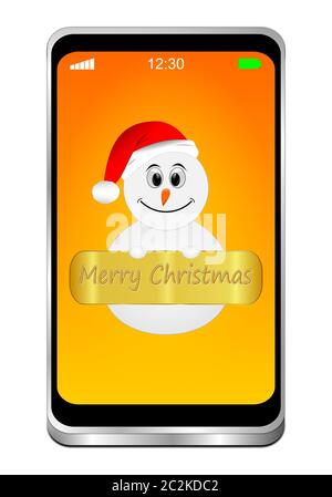 Dekoratives Smartphone mit Schneemann wünscht frohe Weihnachten auf orangefarbenem Desktop - 3D-Illustration Stockfoto