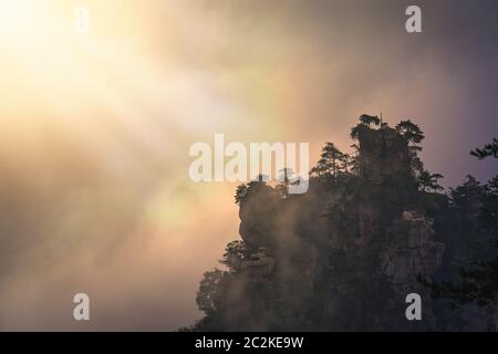 Sonne auf den Bäumen auf einem karst Säule Felsformationen Tianzi Berge, Avatar Berge Natur Park, Niagara-on-the-Lake, China Stockfoto