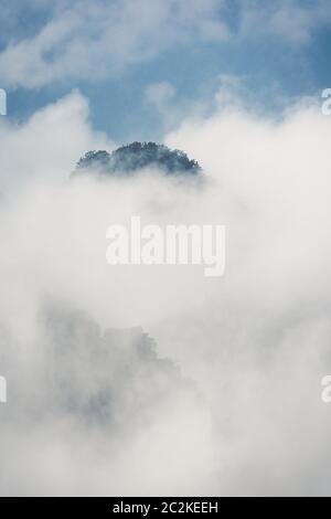 Vertikale Ansicht der niedrigen morgen Wolken engulfing Steinsäule der Tianzi Berge in Zhangjiajie National Park, einer berühmten Touristenattraktion, Wulingyu Stockfoto