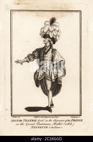 Signor Gaetan Vestris Senior in der Figur des Prinzen in der großen Pantomime Ballett namens Ninette a la Cour. Kupferstich von J. Thornthwaite nach einer Illustration von James Roberts im John Bell's British Theatre, London, 9. April 1781. Stockfoto