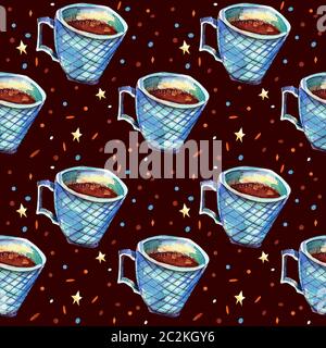 Nahtlose Muster mit blauen Kaffeebecher. Aquarell Abbildung. Eine isolierte Tasse meer Grün auf einem Schokolade Hintergrund und ein Pulver mit Sternen. Herbst Stockfoto