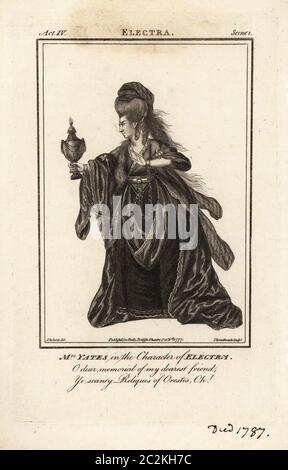 Mrs Mary Ann Yates in der Figur von Electra in Thomas Francklins Orestes oder Electra im Drury Lane Theater, 1774. Kupferstich von J. Thornthwaite nach einer Illustration von James Roberts vom British Theatre von Bell, bestehend aus den angesehensten englischen Stücken, John Bell, London, 1777. Stockfoto