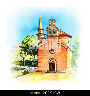 Aquarellskizze der Kirchen des Heiligen Ivan und der Heiligen Dreifaltigkeit in der montenegrinischen Stadt Budva, Montenegro Stockfoto