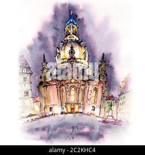 Dresdner Frauenkirche, Lutherische Frauenkirche, nachts in Dresden, Sachsen, Deutschland Stockfoto