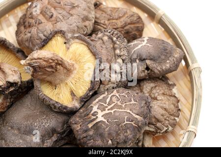 Japanische getrocknete Shiitake-pilze in einem Bambus Warenkorb Stockfoto