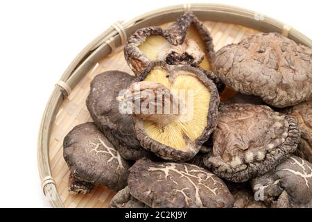 Japanische getrocknete Shiitake-pilze in einem Bambus Warenkorb Stockfoto