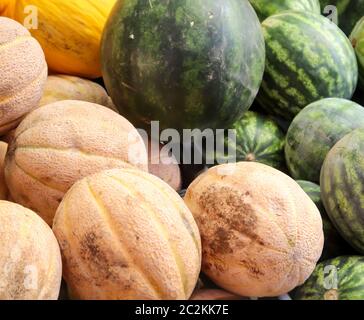 Melonen werden in einem Markt angeboten Stockfoto