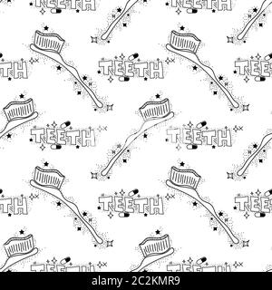 Doodle Medical Nahtloses Muster mit Zahnbürste isoliert auf weißem Hintergrund. Konzept Der Mundhygiene. Reinigung der Mundhöhle Stockfoto