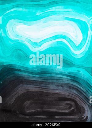 Blauer Himmel und dunkle Erde - abstraktes Muster von gradient Kreise hand von Cyan und Schwarz Aquarelle auf weißem Papier gezeichnet Stockfoto