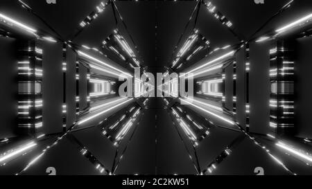 Hell sauber futuristisch scifi Raum Galaxie Hangar Tunnel Korridor mit kühlen reflektierenden Lichtern 3d Illustration Hintergrund Tapete Design, stilvolle sci Stockfoto