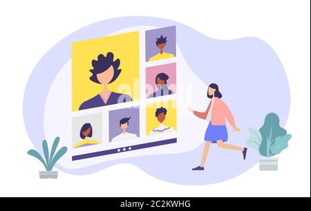 vector Mitarbeiter sprechen auf Video-Gespräch mit verschiedenen Kollegen. Videokonferenzen zu Hause mit Video-Gespräch mit Kunden zu Hause. Stock Vektor