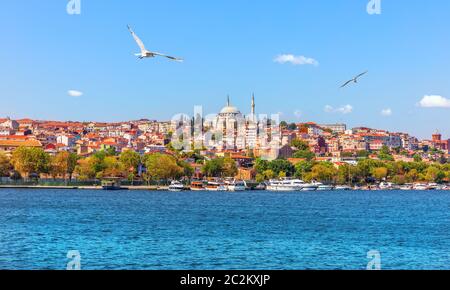 Den Bosporus Ufer und eine der Moscheen in Istanbul, Türkei. Stockfoto