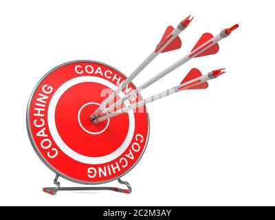 Coaching – Hintergrund Des Unternehmens. Drei Pfeile treffen auf die Mitte eines roten Ziels, wo steht geschrieben "Coaching". 3D-Rendern. Stockfoto