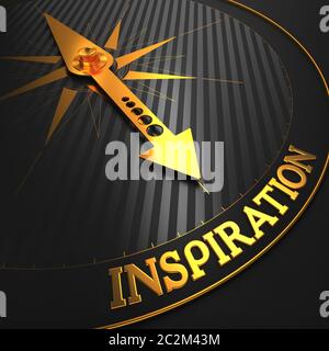 Inspiration – Hintergrund Des Unternehmens. Goldene Kompassnadel auf einem schwarzen Feld, das auf das Wort 'Inspiration' zeigt. 3D-Rendern. Stockfoto
