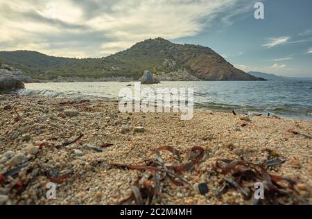 Schießen aus dem Boden eines typischen zentralen Strand am Mittelmeer: herrliche Meereslandschaft mit der Sand am Strand in den Vordergrund mit dem Meer und Stockfoto