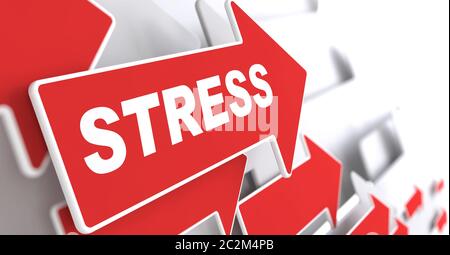 Stress. Sozialkonzept. Roter Pfeil mit „Stress“-Schriftzug auf grauem Hintergrund. 3D-Rendern. Stockfoto