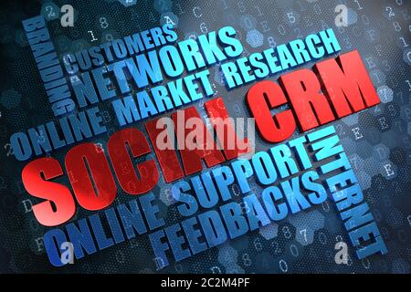 SCRM. Wordcloud-Konzept. Das Wort in roter Farbe, umgeben von einer Wolke blauer Worte. Stockfoto