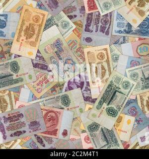 Nahtlose kachelbare Textur der alten UdSSR Banknoten. Bunte Sammlung von Briefmarken. Stockfoto