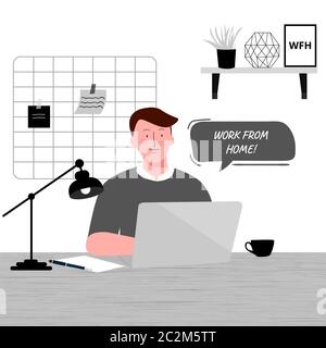 Männer arbeiten auf Laptop im Zimmer Tasse Kaffee Papier Stift Schreibtischlampe in der Nähe moderne flache Cartoon-Stil. Stock Vektor