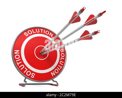 Lösung – Hintergrund Des Unternehmens. Drei Pfeile treffen auf die Mitte eines roten Ziels, wo steht "Lösung". 3D-Rendern. Stockfoto