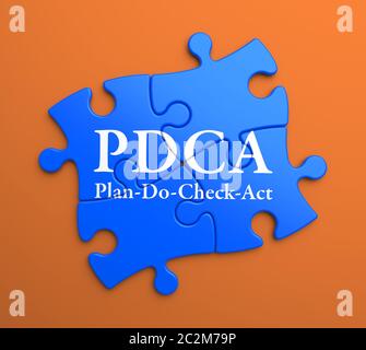 PDCA - Plan-Do-Check-Act - geschrieben auf blauen Puzzleteilen auf orangefarbenem Hintergrund. Geschäftskonzept. Stockfoto