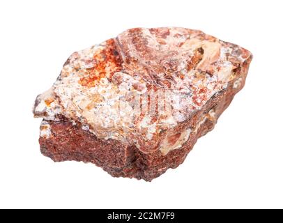 Nahaufnahme der natürlichen Mineralprobe aus der geologischen Sammlung - raues Rhyolitgestein isoliert auf weißem Grund Stockfoto