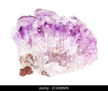 Nahaufnahme der natürlichen Mineralprobe aus der geologischen Sammlung - Trockenlegung des Amethyst Gesteins isoliert auf weißem Grund Stockfoto