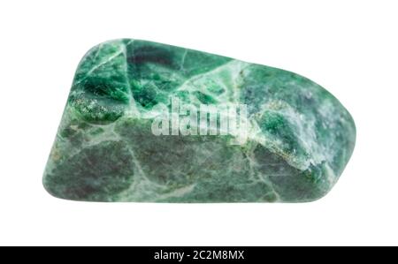 Nahaufnahme der natürlichen Mineralprobe aus der geologischen Sammlung - verstümmelter Jadeite (grüner Jade)-Edelstein isoliert auf weißem Grund Stockfoto