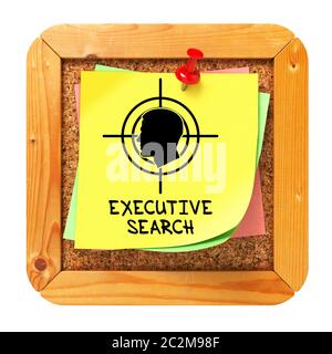 Executive Search, Gelber Aufkleber auf Cork Bulletin oder Message Board - kleine Schrift. Geschäftskonzept. 3D-Rendern. Stockfoto