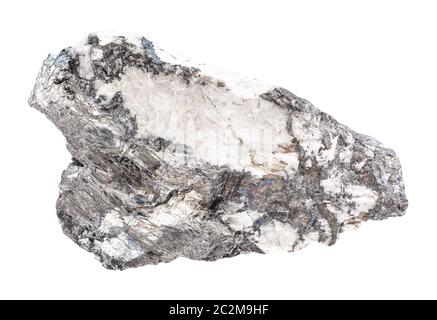 Nahaufnahme der natürlichen Mineralprobe aus der geologischen Sammlung - Bismuthinit-Kristalle in Quarzgestein isoliert auf weißem Grund Stockfoto