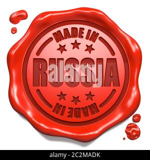 Made in Russia - Stempel auf Red Wax Seal isoliert auf Weiß. Geschäftskonzept. 3D-Rendern. Stockfoto