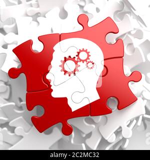Psychologisches Konzept - Profil des Kopfes mit Zahnrad Zahnradmechanismus auf Red Puzzle. Stockfoto