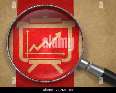 Lupe mit Flipchart mit Wachstumskarte-Symbol auf altem Papier mit rotem Hintergrund mit vertikaler Linie. Stockfoto
