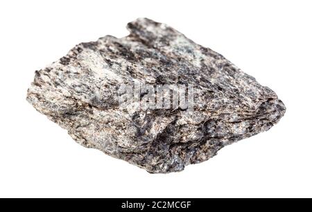 Nahaufnahme der natürlichen Mineralprobe aus der geologischen Sammlung - roher Quarzbiottiter Schiefergestein isoliert auf weißem Grund Stockfoto