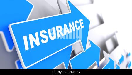Versicherung – Geschäftshintergrund. Blauer Pfeil mit 'Versicherung' Wort auf grauem Hintergrund. Stockfoto